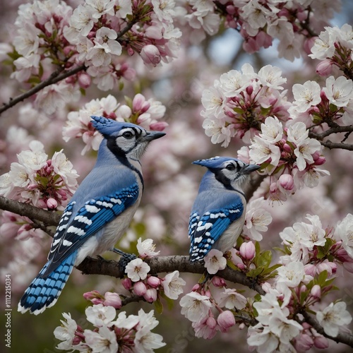 A blue jay among vibrant spring blossoms.

 photo