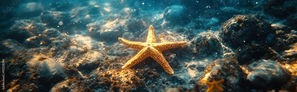 Vibrant Underwater Scene Featuring a Bright Golden Starfish Against a Rocky Ocean Floor with Soft Sunlight Filtering Through the Water Vibrant Underwater Scene Featuring a Bright Golden Starfish Against a Rocky Ocean Floor with Soft Sunlight Filtering Through the Water