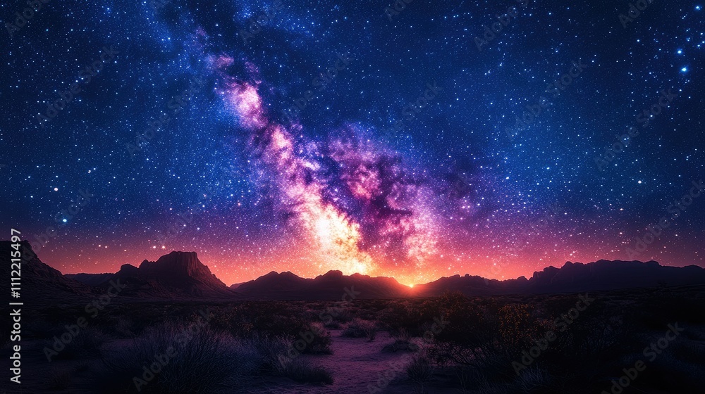 Fototapeta premium Vibrant Milky Way galaxy rising over a desert landscape at sunset.