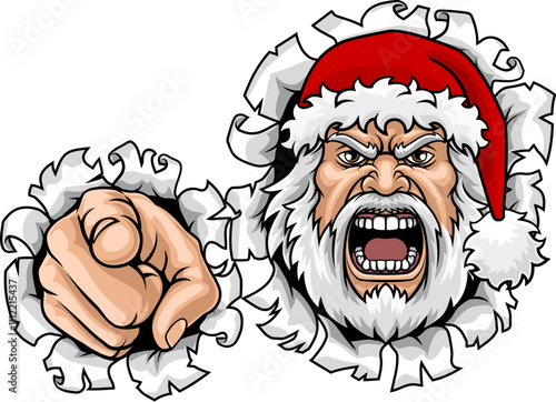 An angry Santa Claus father Christmas cartoon character mascot pointing