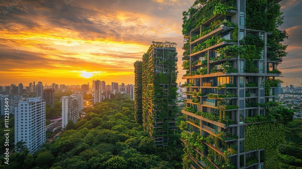 Fototapeta premium Modern skyscrapers covered in greenery at sunset over a cityscape.