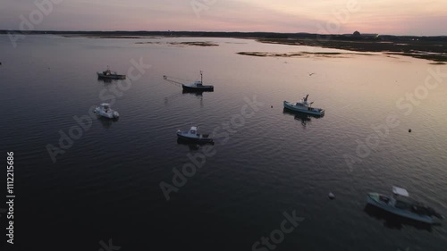 Drone Shot Above River at Sunset, Approaching Swamp with Boats and Birds in Fl