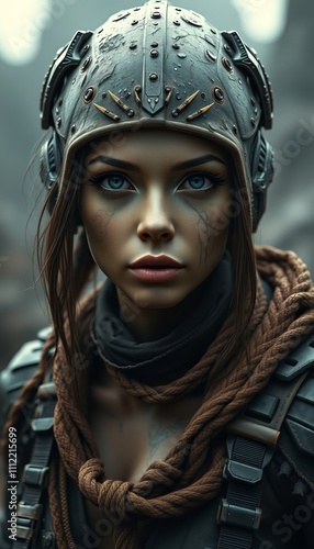 portrait painting of a futuristic rugged female rebel