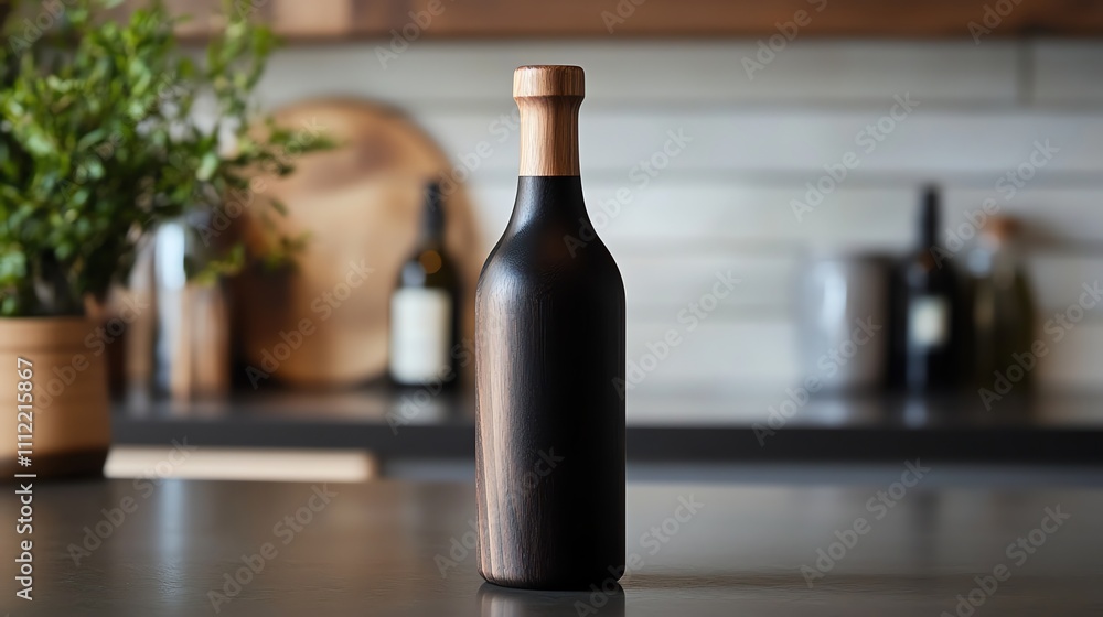A black wine bottle with a wood top sits on a counter in a kitchen. A black wine bottle with a wood top sits on a counter in a kitchen.
