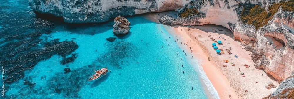 Fototapeta premium Secluded Idyllic Bay in Greece with Turquoise Water, White sand beach, and a sailboat