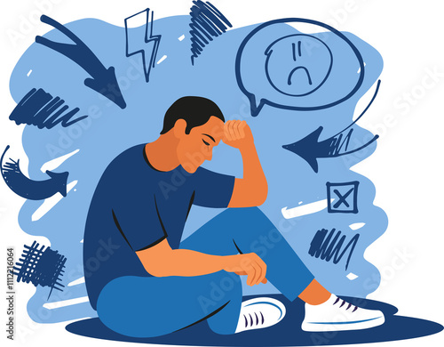 Mental disorder concept. Depression man on transparent background. Stress, despair, anxiety disorder, fatigue.
