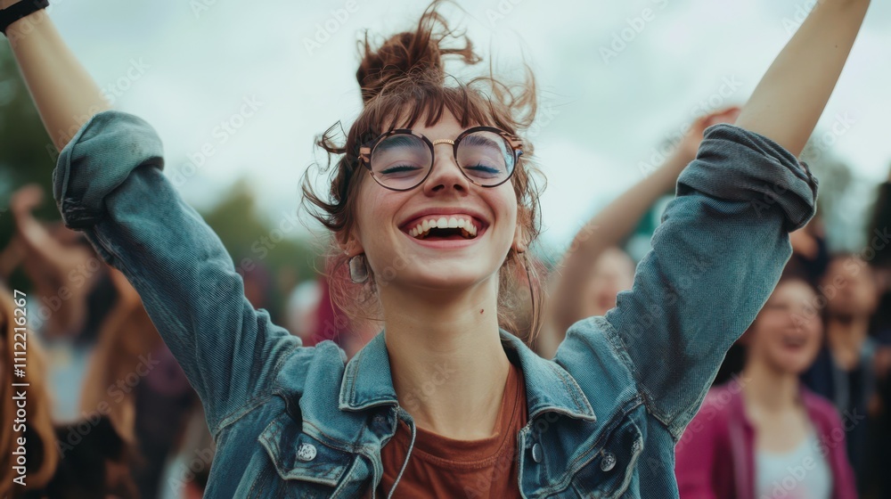 Carefree young non-binary person dancing with friends in background Carefree young non-binary person dancing with friends in background
