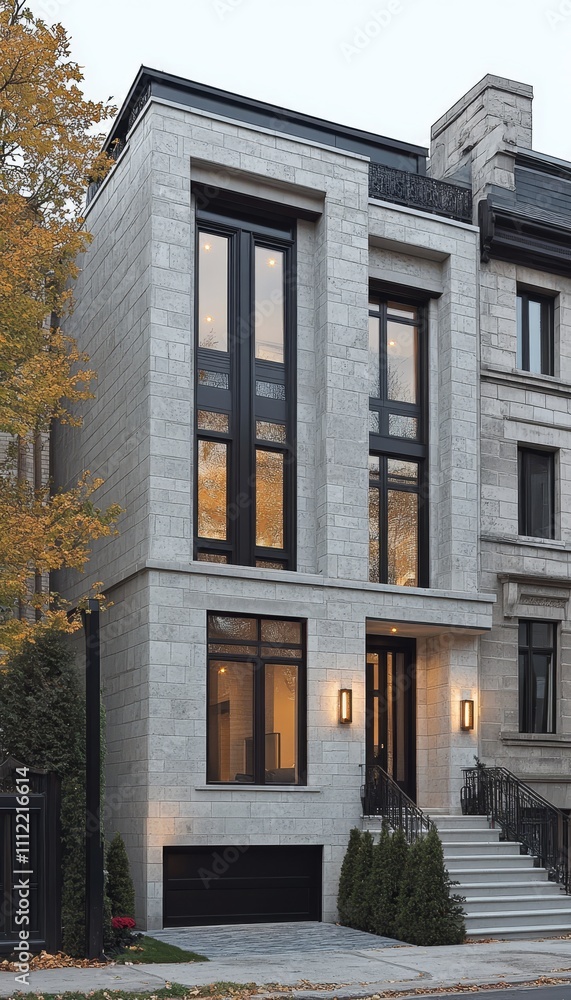 Modern Urban Home Light Gray Stone Facade, Black Trim, Large Windows, Single Car Garage Modern Urban Home Light Gray Stone Facade, Black Trim, Large Windows, Single Car Garage