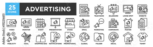 Advertising icon collection set. Containing design Newspaper, Television, Billboard, Loose Spot, Website