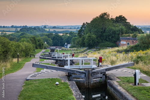 View down Foxton Locks from Top Lock on the Grand Union Canal, Leicestershire, England photo