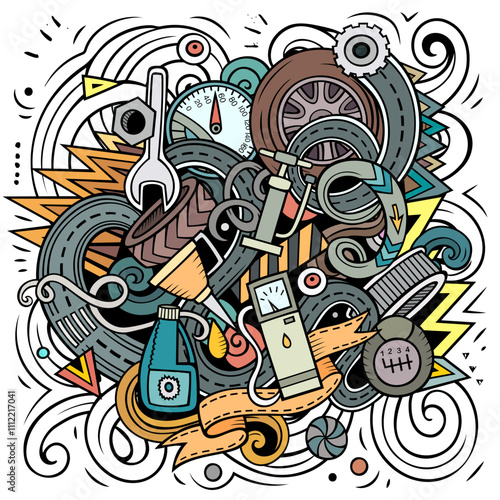 Auto Service cartoon vector illustration. Funny detailed composition with lot of Automotive objects and symbols