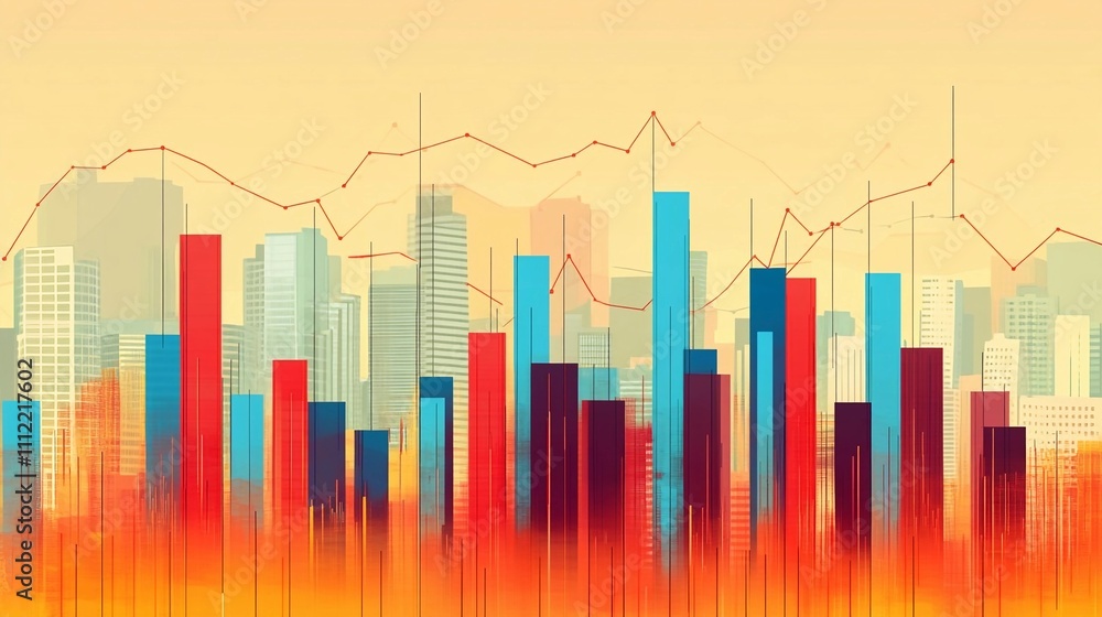 Colorful data visualization of urban landscape showing financial trends and metrics Colorful data visualization of urban landscape showing financial trends and metrics