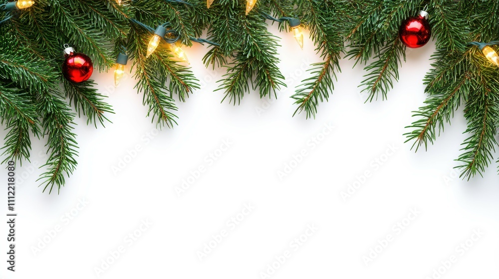 Christmas border with conifer branches and garlands of Christmas lights isolated on white background Christmas border with conifer branches and garlands of Christmas lights isolated on white background