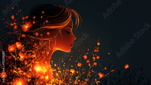 Woman's silhouette surrounded by glowing flowers in a dark background during twilight hours. Generative AI