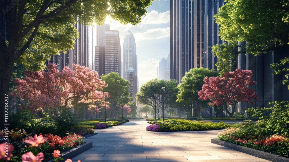Obraz premium Urban Oasis: A Serene Cityscape Pathway