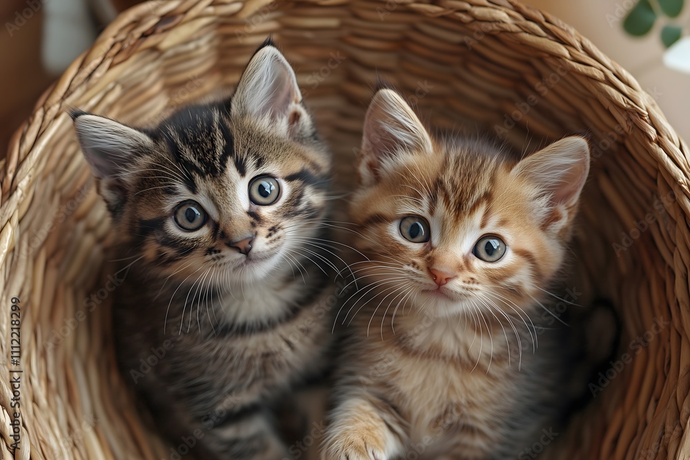 Cute kittens sitting together in a woven basket during daytime in a cozy indoor setting Cute kittens sitting together in a woven basket during daytime in a cozy indoor setting