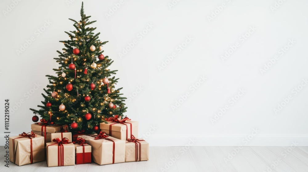 Christmas tree decorative beautiful tree with presents isolated on white background Christmas tree decorative beautiful tree with presents isolated on white background