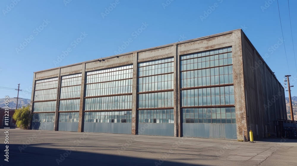 Obraz premium A striking industrial warehouse exterior with large reflective windows and tall roll-up doors under a clear blue sky