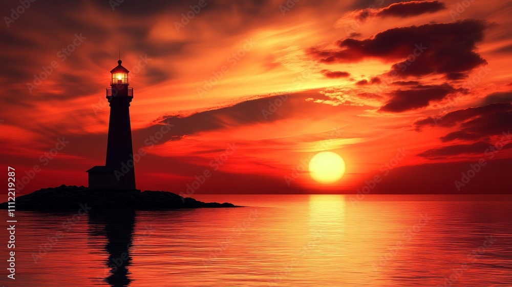 Luminous Lighthouse Silhouette At Fiery Sunset Ocean Luminous Lighthouse Silhouette At Fiery Sunset Ocean