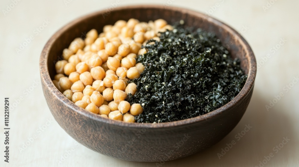 Bowl of Golden Seeds and Green Seaweed Ingredients on Table Bowl of Golden Seeds and Green Seaweed Ingredients on Table