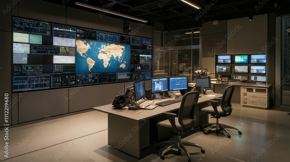 High-tech studio with a brushed-metallic desk, cool teal and gray tones, LED screens displaying a world map and live reports, Photorealistic High-tech studio with a brushed-metallic desk, cool teal and gray tones, LED screens displaying a world map and live reports, Photorealistic