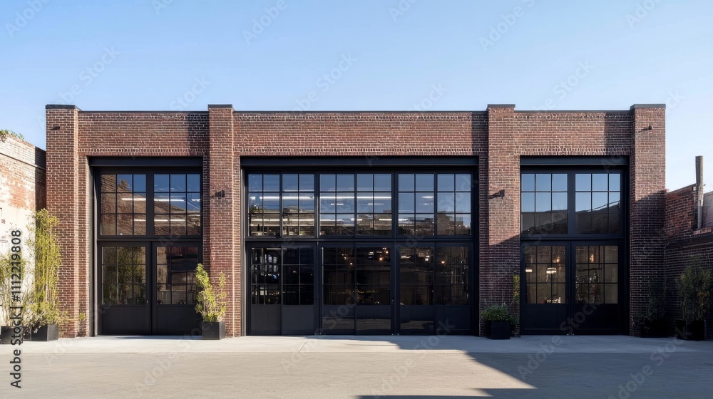 Contemporary industrial warehouse exterior with tall windows and broad steel doors, surrounded by a clean urban environment Contemporary industrial warehouse exterior with tall windows and broad steel doors, surrounded by a clean urban environment