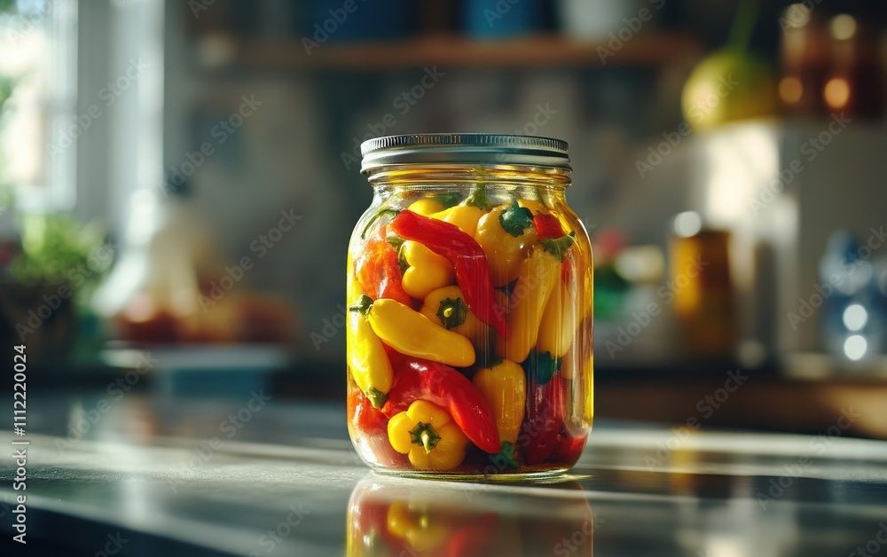 A well-lit, close-up shot of a glass jar filled with pickled peppers on a kitchen table, against a softly blurred background. A well-lit, close-up shot of a glass jar filled with pickled peppers on a kitchen table, against a softly blurred background.
