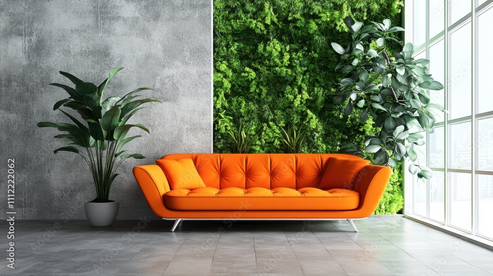 Vibrant Orange Sofa in Modern Room with Greenery and Natural Light