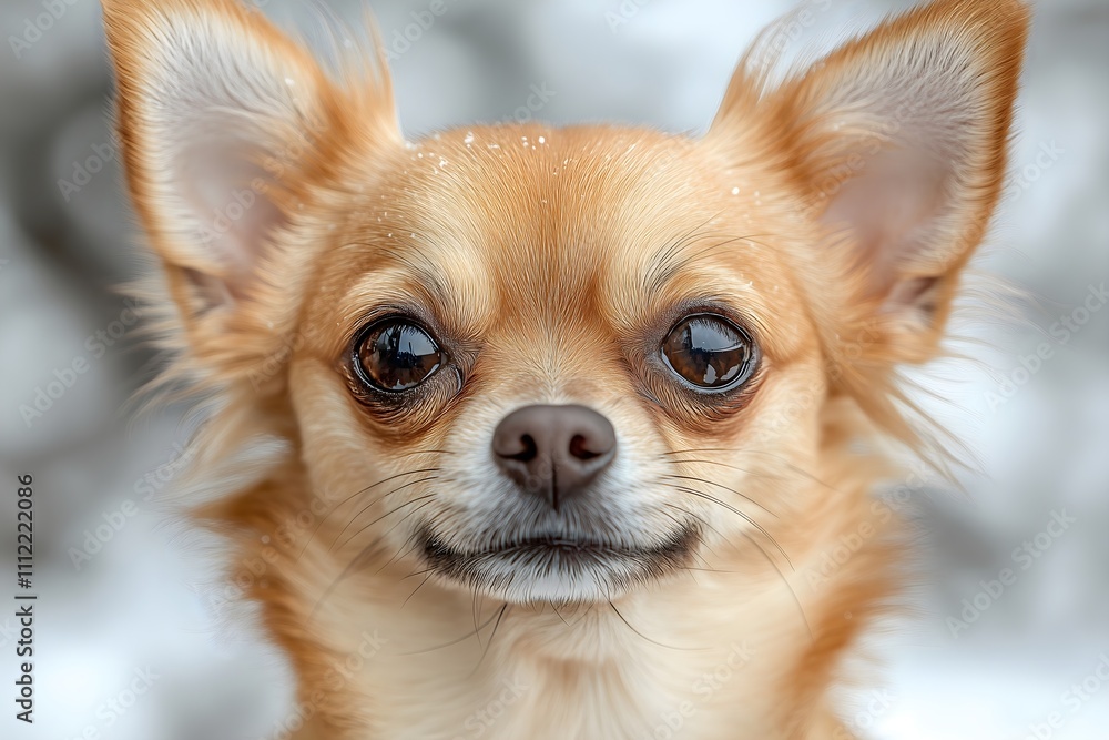 Cute chihuahua with perky ears and bright eyes enjoying a snowy outdoor setting in winter Cute chihuahua with perky ears and bright eyes enjoying a snowy outdoor setting in winter