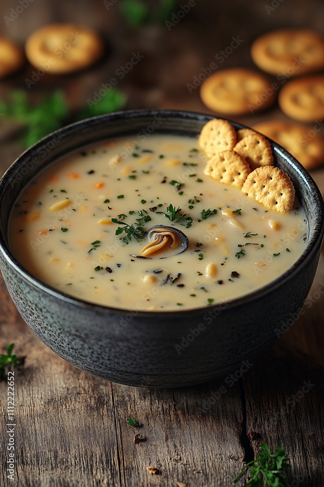 A bowl of creamy soup garnished with herbs and crackers, set on a rustic wooden table. A bowl of creamy soup garnished with herbs and crackers, set on a rustic wooden table.