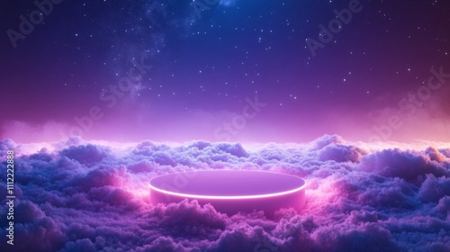 Illuminated Platform Above Purple Clouds Underneath a Starry Night Sky photo