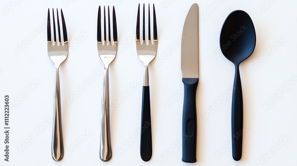 A row of silverware on a white background, including two forks, a butter knife and two spoons. A row of silverware on a white background, including two forks, a butter knife and two spoons.