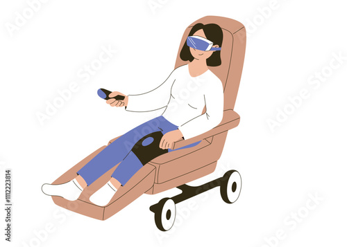 Patient Using VR Therapy in Reclining Chair for Rehabilitation or Relaxation. Vector isolated cartoon flat woman illustration.