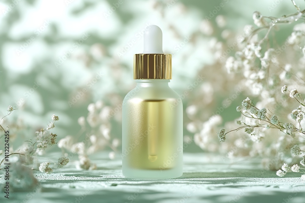 Elegant serum bottle with gold cap, surrounded by gentle flowers. Elegant serum bottle with gold cap, surrounded by gentle flowers.