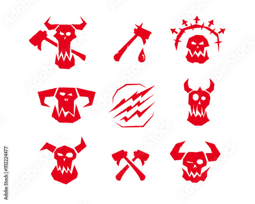 A Gothic orc symbol featuring a beastly skull, shadowy horns, and a barbaric grin, representing savage warlords and battle hardened creatures in a red style.