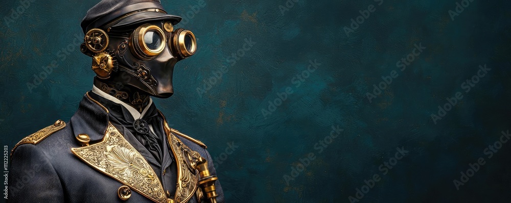 Steampunk character in elaborate uniform with goggles, artistic background. Steampunk character in elaborate uniform with goggles, artistic background.