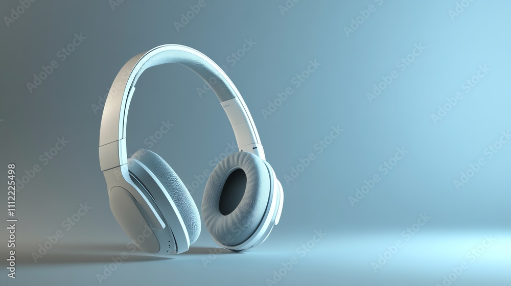A pair of white headphones on a light blue background.