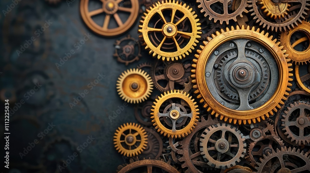 Intricate gears and cogs creating a mechanical composition on a dark background. Intricate gears and cogs creating a mechanical composition on a dark background.
