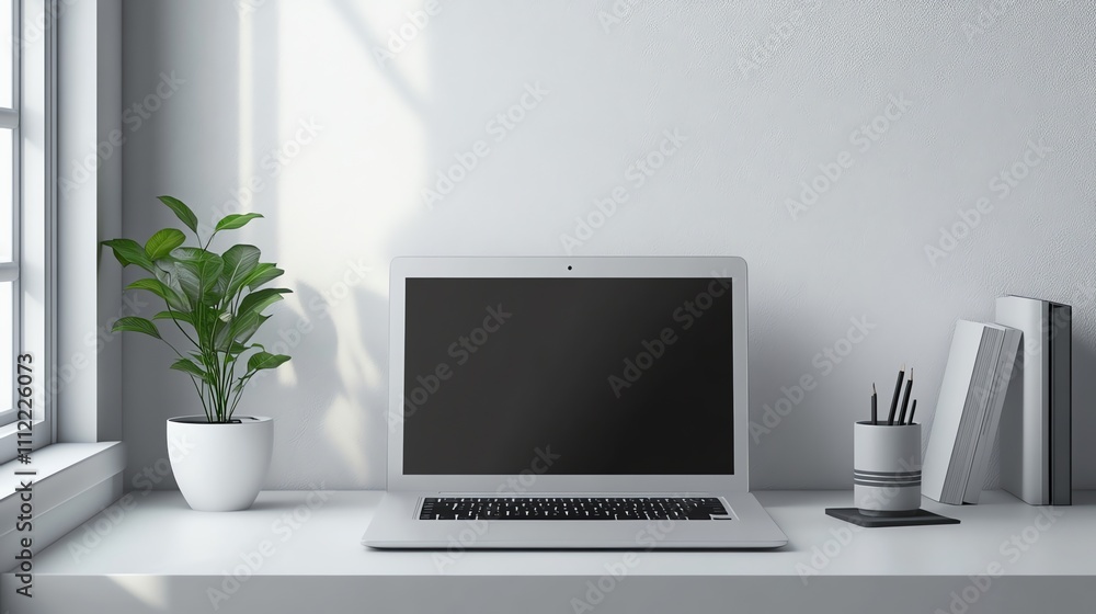 Fototapeta premium A laptop computer, two pencils in a white cup, and two plants on a white desk in front of a white wall.