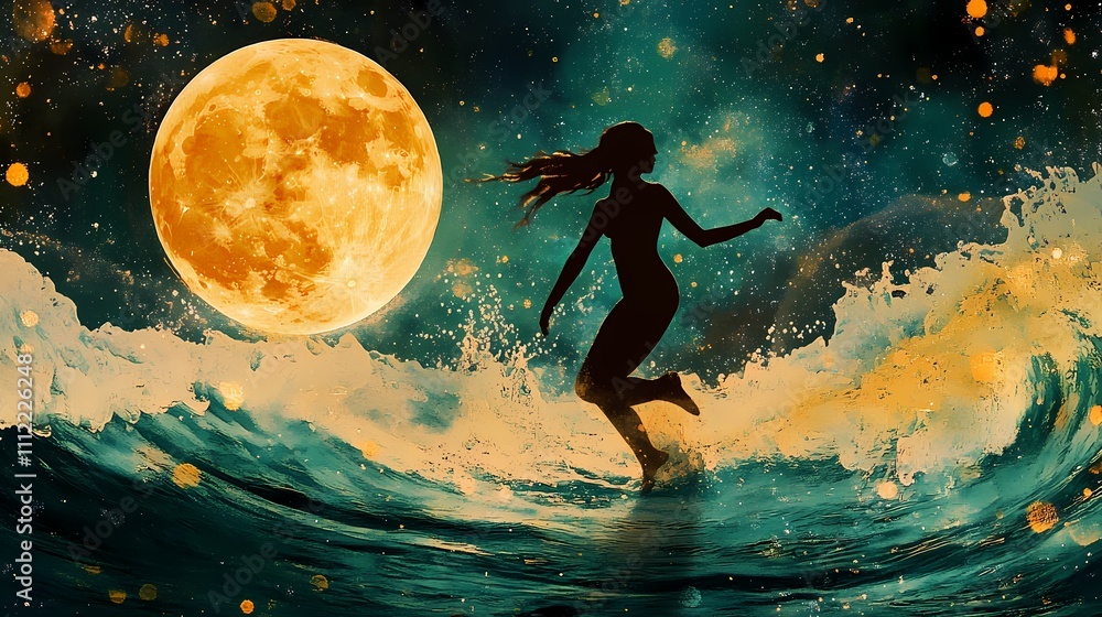 Naklejka premium Silhouette of a Woman Dancing on the Ocean Waves Under a Bright Full Moon in a Mystical Night Scene with Surreal Colors and Dreamy Atmosphere
