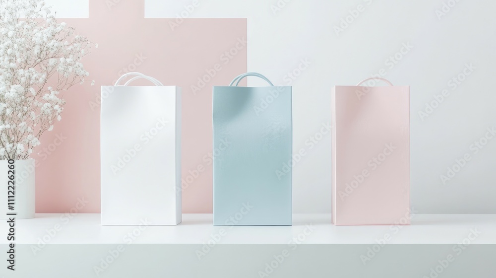 Three pastel shopping bags on shelf.