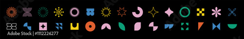 Set of minimalist brutalist symbols with geometric shapes in colorful outline, featuring elements like stars, spirals, and futuristic patterns.