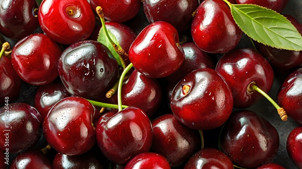 Cherry isolated. Fresh ripe cherries with leaves isolated on a white background. Sweet cherries pile. Berries and fruits. Healthy eating.