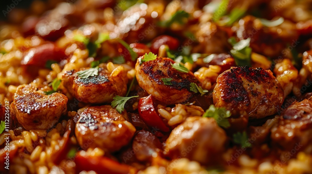 spicy jambalaya close-up culinary art home kitchen rich colors top view flavorful comfort food spicy jambalaya close-up culinary art home kitchen rich colors top view flavorful comfort food