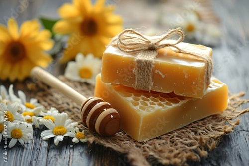Two bars of natural handmade soap with honey and honeycomb are lying on a rustic wooden table next to chamomile flowers and a honey dipper
