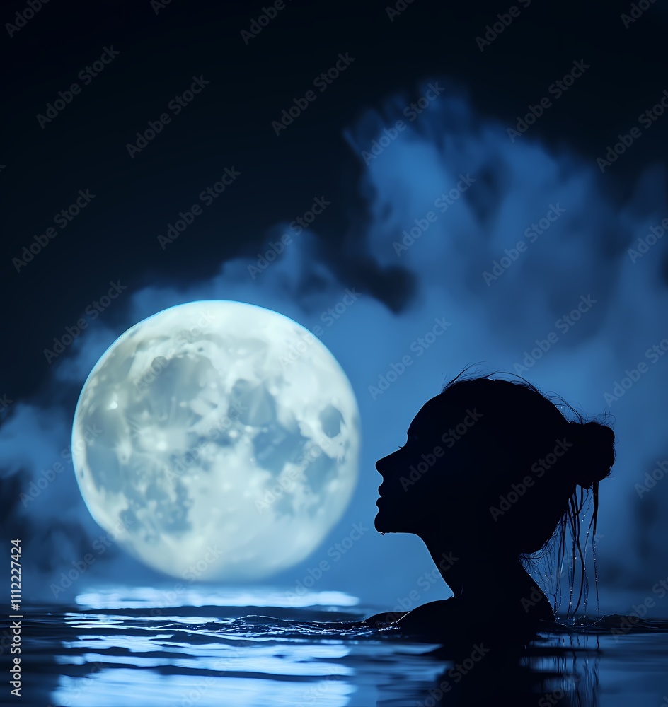 Serene Silhouette of a Woman Reflecting in Water Under a Mystical Full Moon with Atmospheric Fog and Dreamy Blue Tones in a Night Sky Serene Silhouette of a Woman Reflecting in Water Under a Mystical Full Moon with Atmospheric Fog and Dreamy Blue Tones in a Night Sky