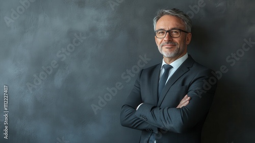 Happy middle aged business man looking away at copy space. Smiling confident 50 years old mature professional businessman executive ceo manager or entrepreneur standing at gray office wall background.