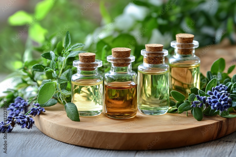 Essential oils, herbs and lavender flowers are sitting on a wooden tray, promoting natural skincare and aromatherapy