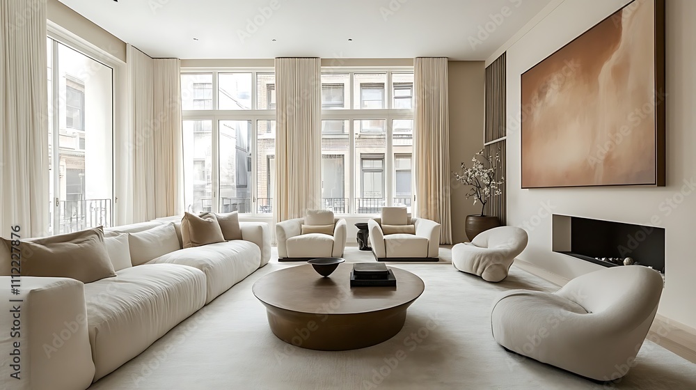 Neutral minimalist living room with a single piece of art Neutral minimalist living room with a single piece of art