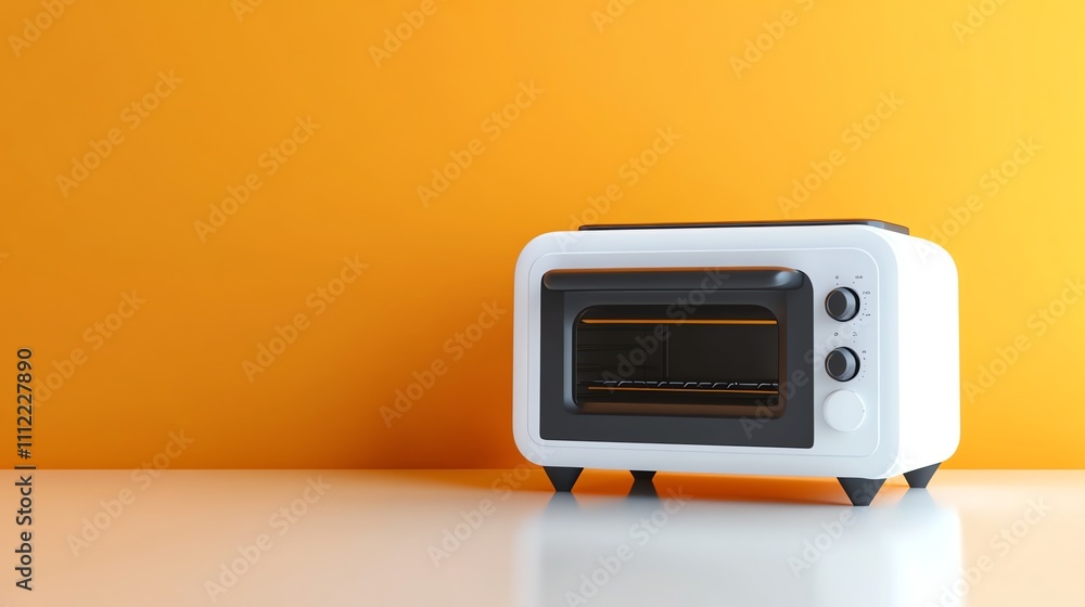 Obraz premium A white toaster oven sits on a white countertop in front of an orange wall.